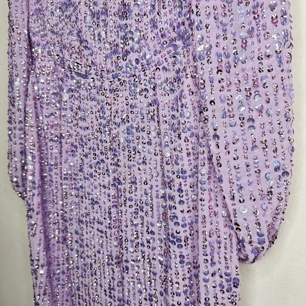 Mac Duggal Sequin Illusion Long Puff Sleeve 107641 Evening Tea Length Midi Dress - Picture 9 of 16